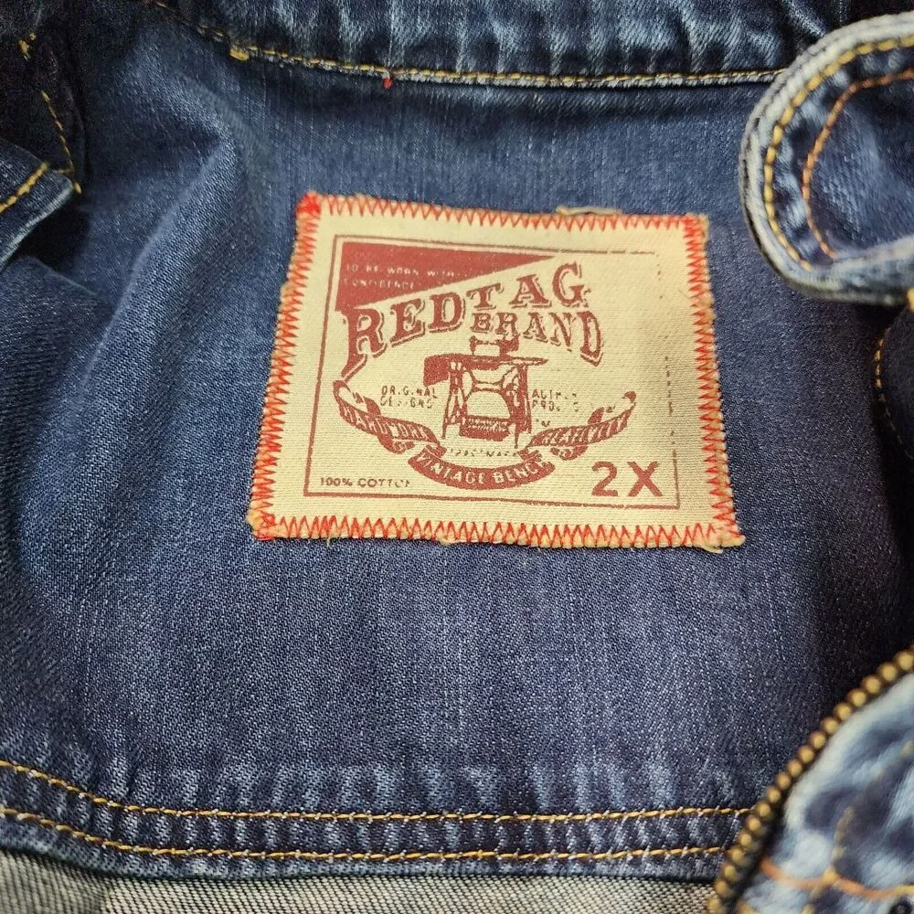 Men's Redtag Brand Motorcycle Style Jean Jacket Distressed/Gold Spikes Size 2XL